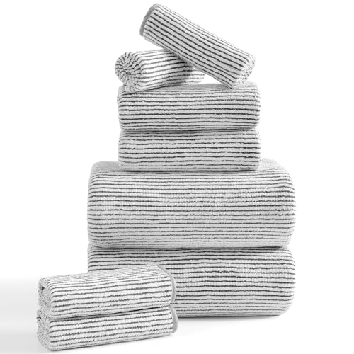 8-Piece Premium Towel Set for Bathroom-2 Oversized Large Bath Sheet,2 Hand Towels,4 Washcloths-Soft Cozy Highly Absorbent Fast Dry Microfiber Shower Towel Set for Hotel Bathroom Essentials,Brown White