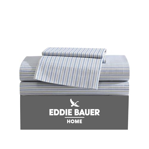 Eddie Bauer - Twin Sheets, Cotton Percale Bedding Set, Crisp & Cool Home Decor (Ticking Stripe Navy/Green, Twin)
