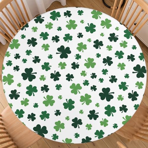"St. Patricks Day Floral Shamrock Round Fitted Tablecloth with Elastic White Table Cloth Holiday Decorative Washable Stretch Irish Green Clover Table Cover Party Picnic Home Kitchen for 40""-44"" Table"