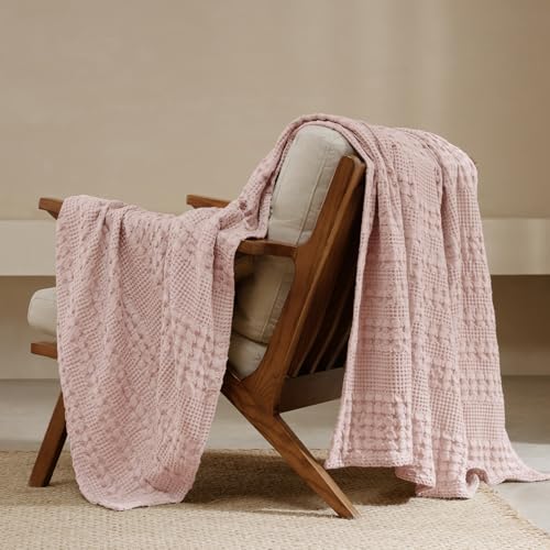 "PHF 100% Cotton Waffle Weave Throw Blanket - Luxury Decorative Soft Breathable Skin-Friendly Blanket for All Season - Perfect Textured Blanket for Couch Bed Sofa 50""x60""-Pink"