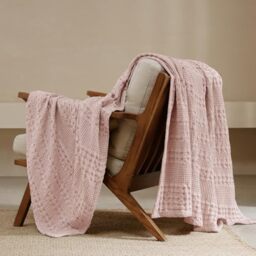 "PHF 100% Cotton Waffle Weave Throw Blanket - Luxury Decorative Soft Breathable Skin-Friendly Blanket for All Season - Perfect Textured Blanket for Couch Bed Sofa 50""x60""-Pink"