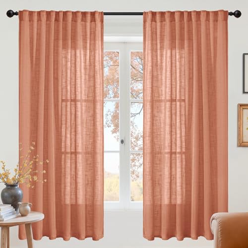 YoungsTex Terracotta Linen Semi Sheer Curtains 63 Inches Long - Burnt Orange Light Filtering Drapes with Rod Pocket Back Tab Privacy for Living Room Bedroom Windows, 2 Panels, 52 X 63 Inch