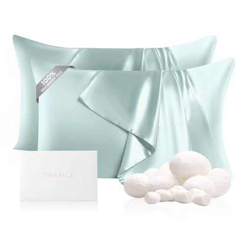 "THXSILK Set of 2 100% Mulberry Silk Pillowcase for Hair and Skin, Grade 6A+ Mulberry Silk Pillow Cases 22 Momme, Hypoallergenic Pillow Case Cover with Zipper (Queen 20""x30"", Light Blue)"
