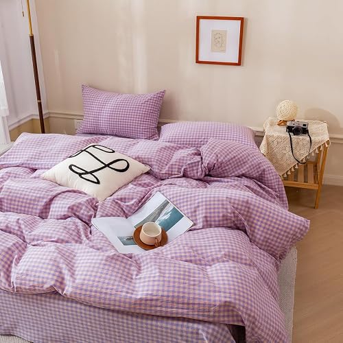EAVD Purple Gingham Comforter Set Queen Soft Mini Checkered Plaid Bedding Set with 2 Pillowcases Modern Reversible Gingham Bedding Set for Boy Women Men Farmhouse Plaid Comforter Set for All-Season