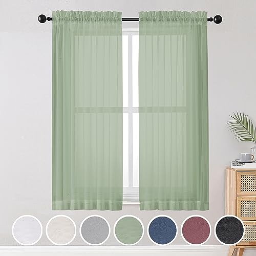 "OWENIE Sheer Curtains Living Room 54 inches Long, Rod Pocket Curtain Sheers Bedroom, Light Filtering Voile Panels Drapes Basement Small Window Treatments 2 Panels, 42"" W x 54"" L, Sage Green"