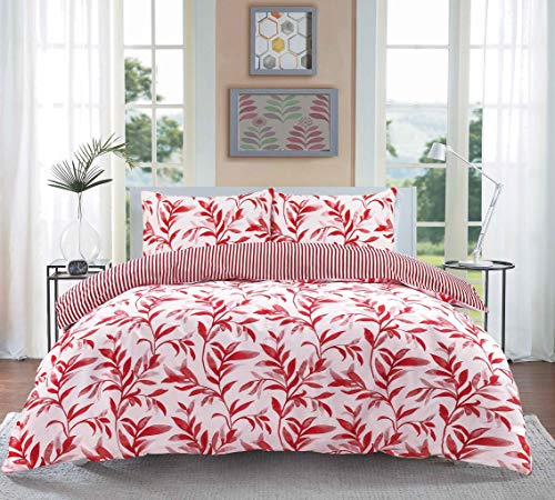 Homespace Direct Ellie Red Watercolour Leaves Duvet Cover Set Striped Reverse Fully Reversible Bedding - Super King