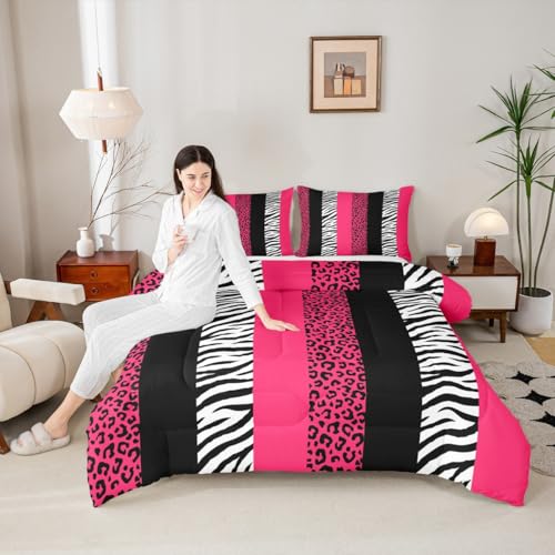 Leopard Print Kids Comforter Set Queen Size,Zebra Abstract Animals Skin Texture Bedding Set,Girls Boys Adults Room Decor,Geometric Stripes Down Comforter,Pink Romantic Duvet Insert,2 Pillowcases