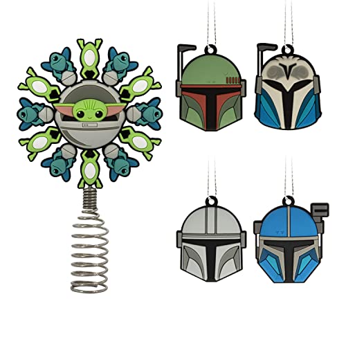 "Hallmark Star Wars: The Mandalorian 5"" Miniature Christmas Tree Topper and 1.7"" Mini Ornaments, Set of 5, Shatterproof"