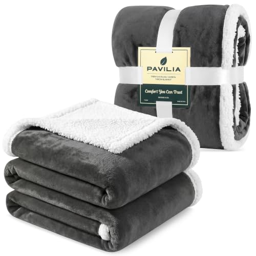 PAVILIA Sherpa Fleece Throw Blanket for Couch, Dark Grey, Plush Soft Fuzzy Sofa Blanket, Cozy Reversible Winter Throw for Women Men, 50x60 Inches
