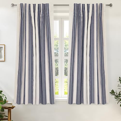 DriftAway Chris Linen Blackout Curtains with Thermal and Sound Reducing Layer 54 Inches Long for Bedroom Striped Printed Drapes Thermal Insulated Lined Window Treatment for Living Room Linen Dark Blue