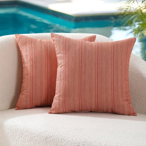 VAKADO Outdoor Chenille Pillow Covers 18x18 Set of 2,Waterproof UV Fade Resistant Stripe Patio Pillow Cushion Covers for Furniture Decorative Porch Couch Throw Pillow Cases for Garden Bench Orange