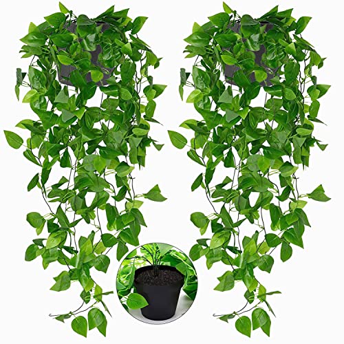 Toprooms 2 Pack Fake Hanging Plants with Pot,Artificial Hanging Plant Fake Plants Faux Ivy Vine Wall Hanging Plants Greenery Shelf Home Office Indoor Outdoor Decor (Green Faux Ivy Vine, 2 Potted)