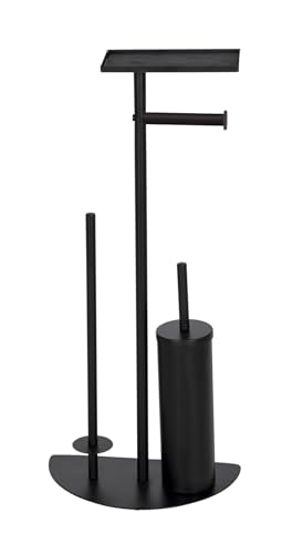 WENKO Cosenza Neo Toilet Roll Holder with Shelf, Brush Holder, Replacement Roll Holder, Matte Painted Steel, Black, 32.5 x 72 x 17.5 cm