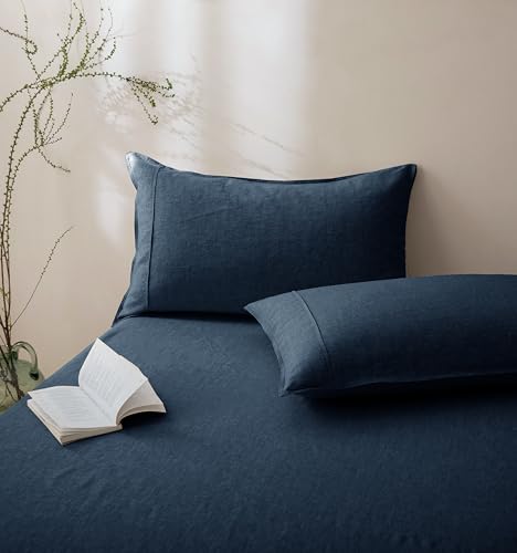 Talasily 100% French Linen Pillow Case Queen Size Set of 2,Oeko-TEX Certified Stone Washed Flax Pillow Shams with Envelope Closure - Breathable & Cooling for Hot Sleepers???Navy Blue,20''x30''???