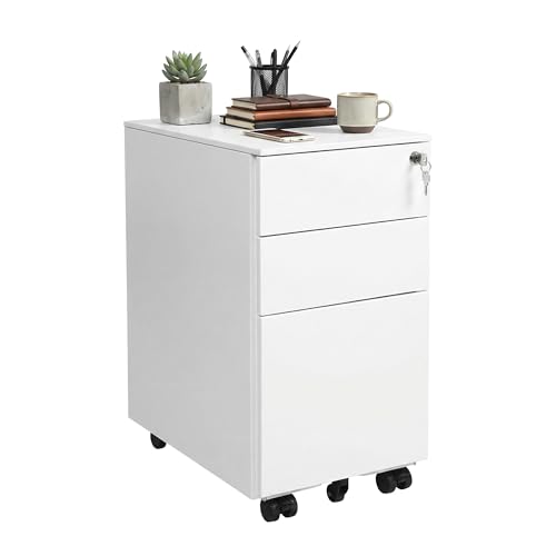 SONGMICS Mobile File Cabinet, Office Cabinet with Wheels and Lock, for A4, Legal, Letter Sized Documents, Hanging File Folders, White OFC031W01
