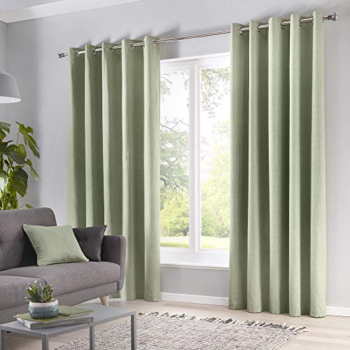 Fusion Sorbonne 100% Cotton Eyelet Lined Curtains, Green, 90 x 90 Inch