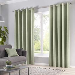 Fusion Sorbonne 100% Cotton Eyelet Lined Curtains, Green, 90 x 90 Inch