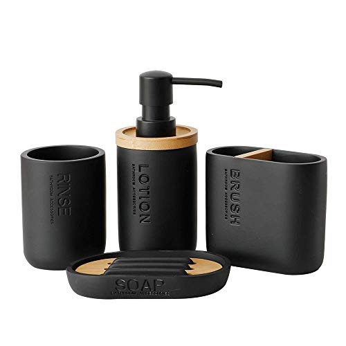 Bamboo Bathroom Accessories Set of 4 with Decorative Wooden Soap Dispenser and Bamboo Soap Dish, Toothbrush Holder, Home Decor (Black)