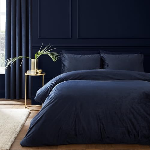 Catherine Lansfield Kingsley Matt Velvet Single Duvet Cover Set Navy Blue