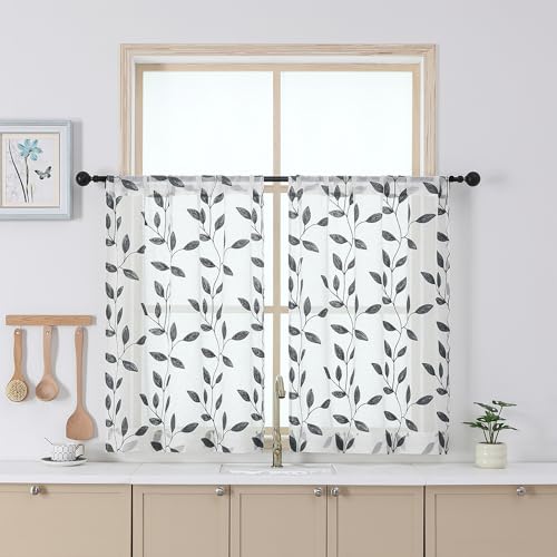 "Chyhomenyc Grey Short Sheer Curtains 36 Inch Length - Light Filtering Linen Blend Small Half Window Curtains, Embroidered Leaf Pattern Curtain for Kitchen Bathroom Basement, 30"" Wx36 L, 2 Panels"