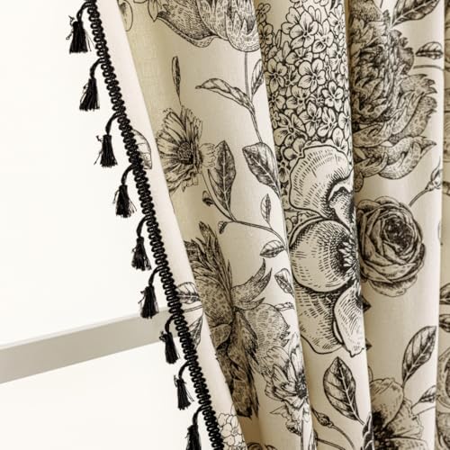 "F-CHU Floral Printed Curtains Curtains Living Room Drapes 72 Inch Length Cotton Linen Boho Window Curtain with Tassel Rod Pocket Bedroom Macrame Drapes Flower Curtains, 2 Panel 52"" W x 72"" L"