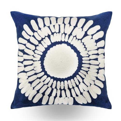 Hodeco Embroidery Throw Pillow Covers Navy Blue 18x18 Decorative Floor Pillows Cover 100% Cotton Cushion Cover Throw Pillow Case for Couch Dark Blue Sunflower Embroidered Pillow 45x45cm, 1 Piece