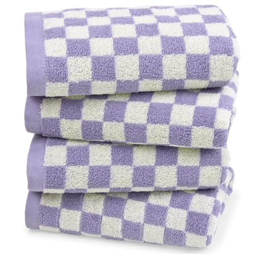 Jacquotha Towel for Bathroom Guest Room Home - 100% Cotton Towels Set Lilac Checked Print Extra Soft Absorbent 4-Piece Face Towel Set for Daily Use