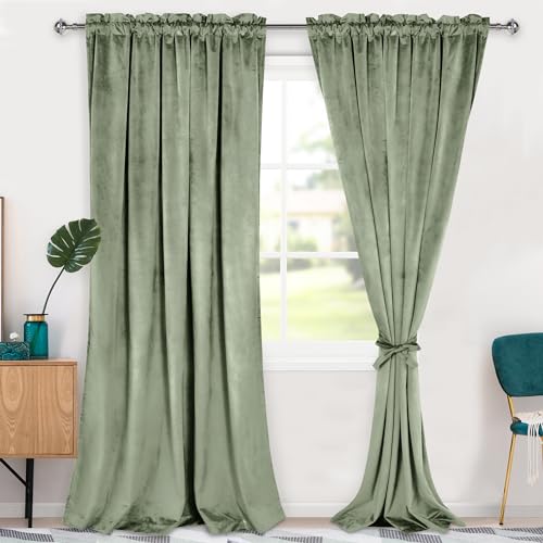 Hiasan Velvet Curtains 96 inches-Blackout Thermal Insulated Solid Soft Curtains for Bedroom Living Room Rod Pocket Room Darkening 2 Panels Window Drapes with Tiebacks, 60W x 96L,Sage Green