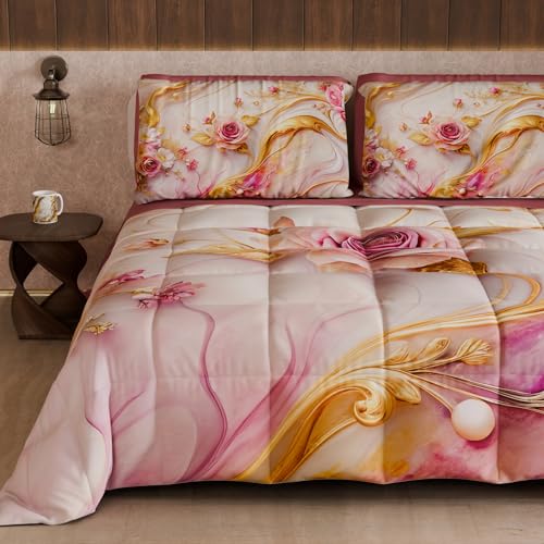 PETTI Artigiani Italiani - Winter Quilt, Winter Duvet, Double Sided Single Quilt Solid Colour and Digital Floral Print 06 6, 100% Microfibre, Made in Italy