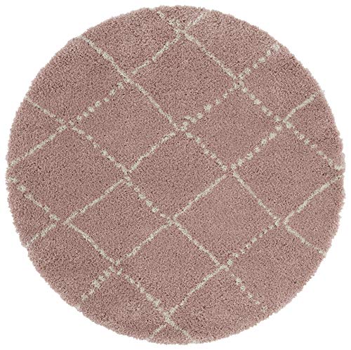 Mint Rugs Hash Round High Rug Soft Fluffy Long Pile Shaggy Flokati Diamond Pattern for Living Room Kitchen Hallway or Bedroom Pink Cream Diameter 160 cm, Polypropylene