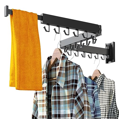 HEILAIYI Clothes Drying Rack for Laundry,Wall Mounted Clothes Hanger Rack,Folding,Retractable,Collapsible(J Shape Hooks)