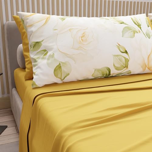 PETTI Artigiani Italiani - Cotton Sheets with Pillowcases in Digital Print, French Queen, Complete Top and Bottom Sheet with Corners, Yellow Wedding, 100% Made in Italy