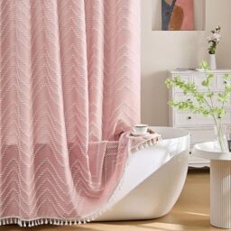 Extra Long Pink Boho Shower Curtain With White Tassel, Woven Fabric 84 in, Tufted Chevron Striped, 72 x 84, Modern Chic Textured Minimalist Cute for Bathroom