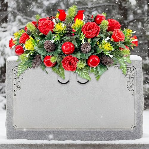Giegxin Christmas Headstone Flower Saddle Cemetery Flowers for Grave Artificial Red Roses Berry Cardinal Birds Mum Saddle Bouquet Winter Memorial Outdoor Graveyard Decoration for Cemetery Headstone
