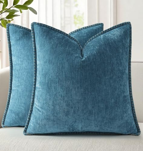 decorUhome Set of 2 Chenille Cushion Covers 22 x 22 Inches Velvet Cushion Covers with Stitched Edge for Sofa Bed Teal