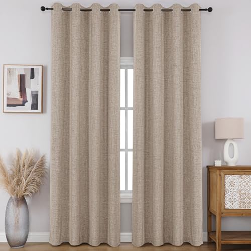 CUCRAF 100% Total Blackout Curtains 72 Length for Window Treatment, Faux Linen Thermal Insulated Grommet Drapes for Bedroom/Living Room, Set of 2 Curtain Panels(Light Khaki, 52 x 72 inches)