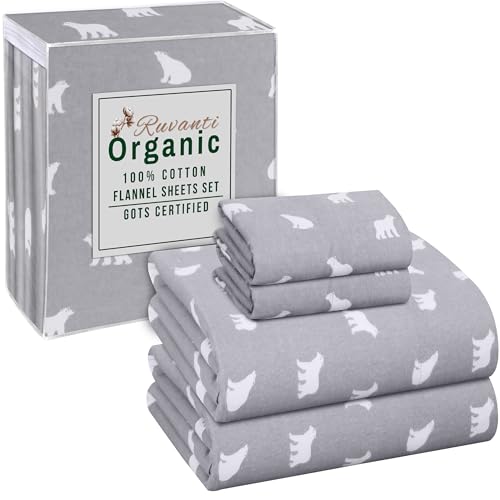 RUVANTI Organic Flannel Sheets Queen Size - 100% Cotton Double Brushed Bed Sheet Set - Deep Pocket 16 Inches - All Seasons Breathable, Extra Soft, Warm & Cozy - 4 Pieces - Baby Bear