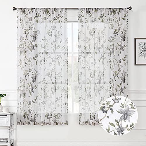Tollpiz Floral Sheer Curtains Grey Cherry Flower Butterfly Print Living Room Curtain Rod Pocket Voile Linen Look White Sheer Curtains for Bedroom, 54 x 63 inches Long, Set of 2 Panels