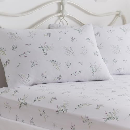 Dreams & Drapes White Lavender Fitted Sheet – Single Size (190x90x28cm) – 1 Pillowcase Included – Lilac Floral Bedding – Soft Cotton Feel – White Bed Linen – Matching Duvet Cover Available