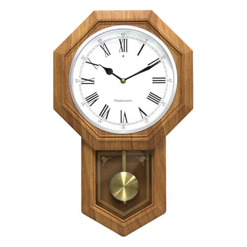 Bestime 66236A Plastic Pendulum Clock Wood Grain Color.Sturdy Frame.Westminster Chime Every Hour,Elegant,Traditional Schoolhouse,Home,Office,Living Room,Bedroom.