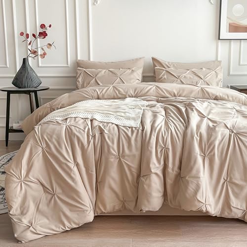 Maple&Stone Beige Comforter Set Queen 7 Pieces Pintuck Bed in a Bag - Elegant Pinch Pleat Bedding, Soft All Season Complete 7 Piece Includes Comforter, Sheets, Pillowcases & Shams