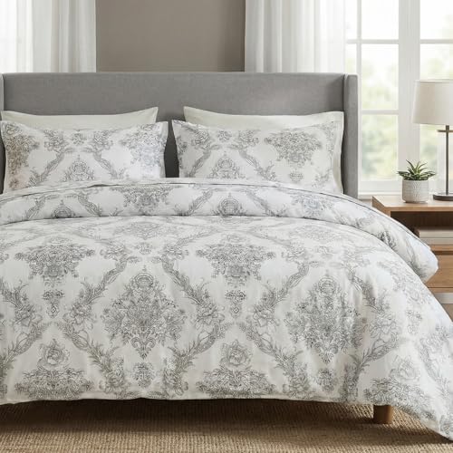 Cozaline 100% Cotton Duvet Cover Set Queen Size ??? Elegant Damask Print, Soft & Breathable Bedding with Zipper and Corner Ties, 3-Piece Reversible Comforter Cover Set