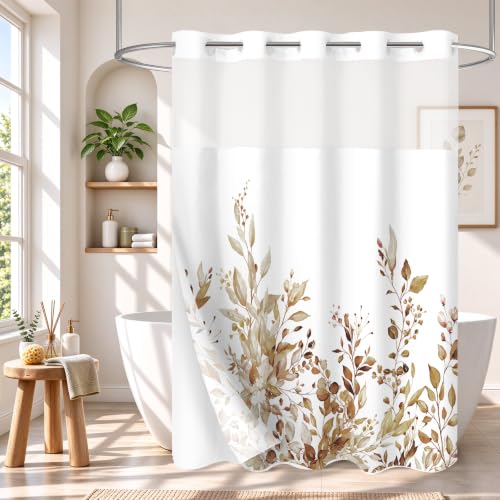 Gibelle No Hook Eucalyptus Shower Curtain with Snap-in Fabric Liner Set, Hotel Style Brown Plant Leaves Double Shower Curtain with See Through Top Window, Waterproof & Washable, 72x74