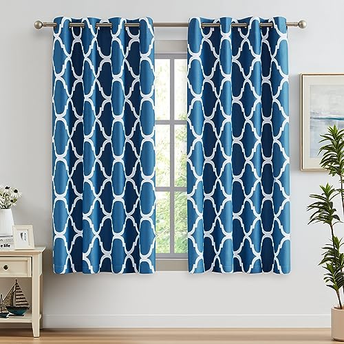 Melodieux Moroccan Printed Room Darkening Blackout Grommet Curtains for Bedroom Living Room Small Windows, 52 by 45 Inch, Royal Blue (2 Panels)