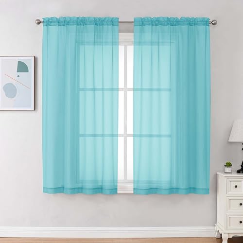 Chyhomenyc Sheer Curtains 63 Inch Length 2 Panels Set, Light Filtering Rod Pocket Window Curtain Treatment Drapes for Bedroom Living Room, Each 42Wx63L, Set of 2, Aqua