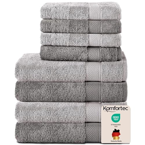Komfortec Set of 8 Hand Towels 100% Cotton, 4 Bath Towels 70 x 140 cm and 4 Hand Towels 50 x 100 cm, Terry Cloth, Soft, Towel, Large, Anthracite/Silver