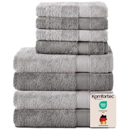Komfortec Set of 8 Hand Towels 100% Cotton, 4 Bath Towels 70 x 140 cm and 4 Hand Towels 50 x 100 cm, Terry Cloth, Soft, Towel, Large, Anthracite/Silver