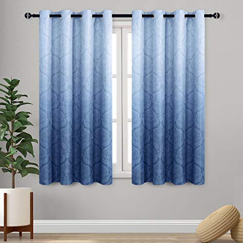 DWCN Ombre Blackout Curtains - Damask Thermal Insulated Light Blocking Grommet Curtains for Bedroom and Living Room, Set of 2 Gradient Medallion Curtain Panels, 52 x 54 Inch Length, Navy Blue