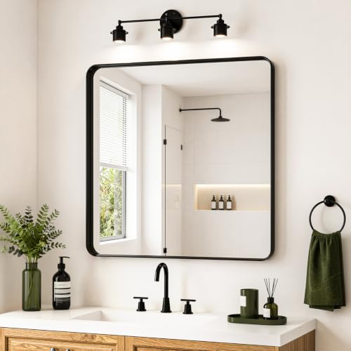 Koonmi Black Bathroom Mirror for Wall, 30x30 Inch Rounded Rectangle Mirror, Bathroom Vanity Mirror, Anti-Rust, Tempered Glass,High-Definition Imaging (Black)