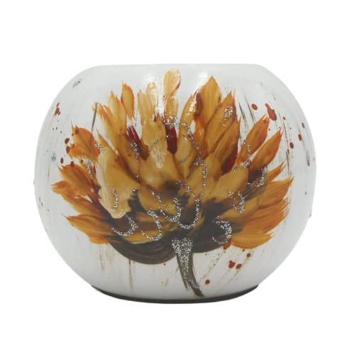 Ceramic Tea Light Holder with Flower Decoration Yellow/Orange Hydrangea Handmade Size Height 7 x Diameter 7 cm